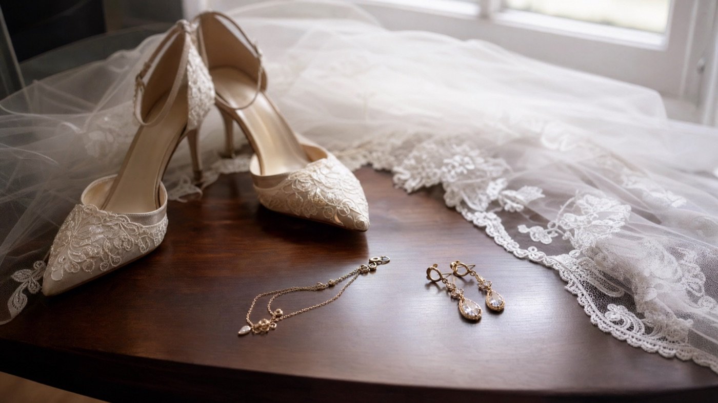 Brautschuhe, Schleier und Schmuck auf einem Tisch