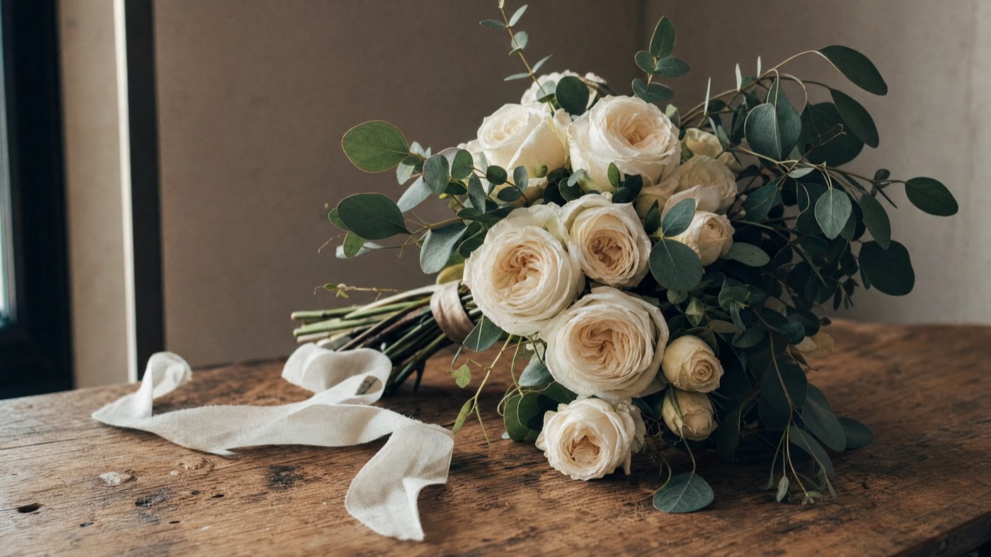 Brautstrauß aus weißen Rosen und Eukalyptus