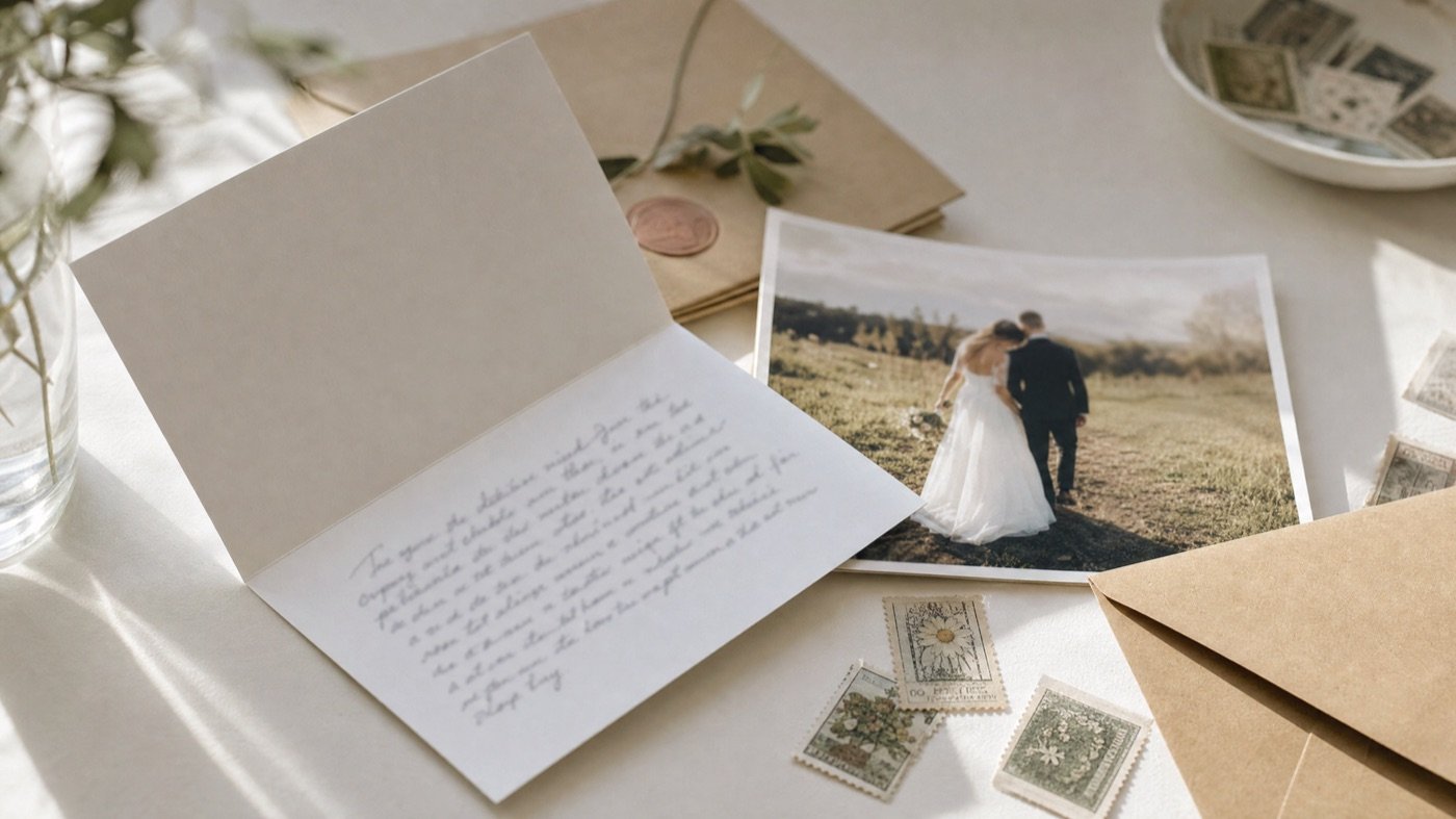 Handgeschriebene Danksagungskarte mit Foto der Hochzeit
