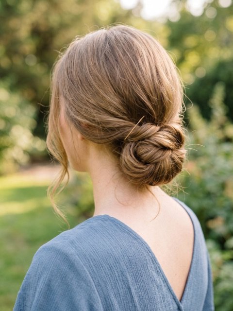 Tiefer Dutt im Nacken mit goldener Haarnadel als Frisur für Hochzeitsgäste