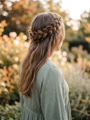 Geflochtener Kranz um den Hinterkopf auf langen Haaren