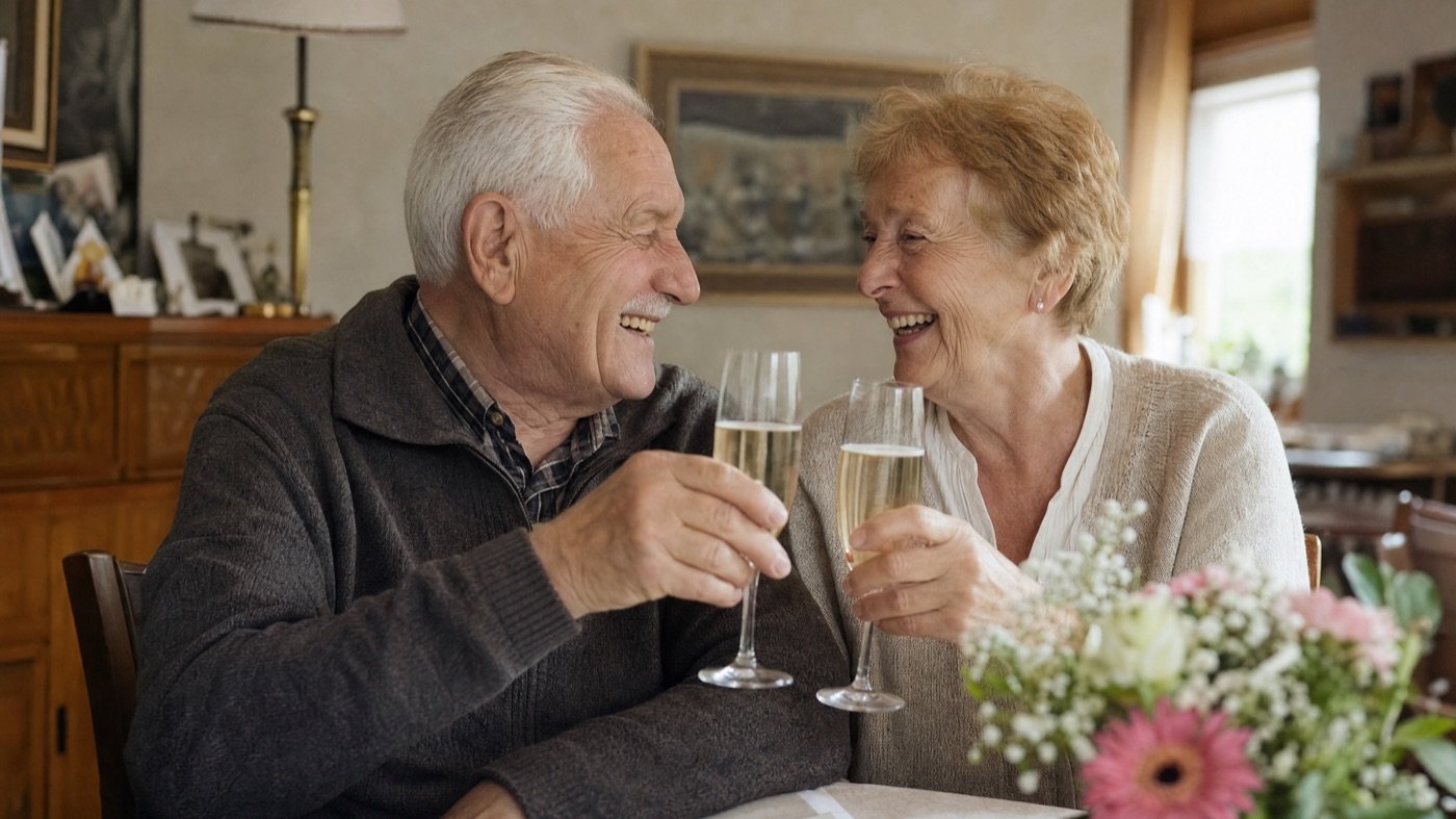 Älteres Ehepaar stößt zum Hochzeitstag mit Sekt an