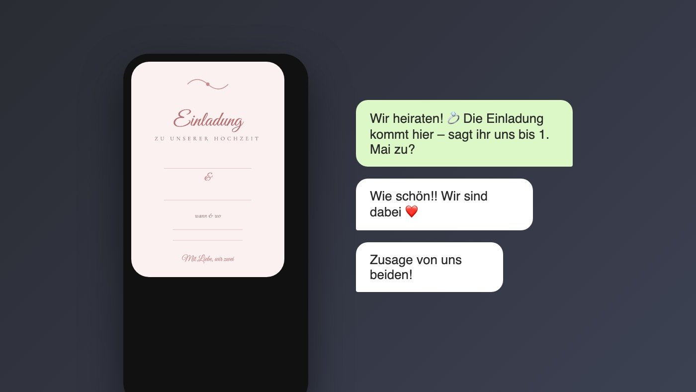 Digitale Hochzeitseinladung auf dem Smartphone mit Zusagen im Chat