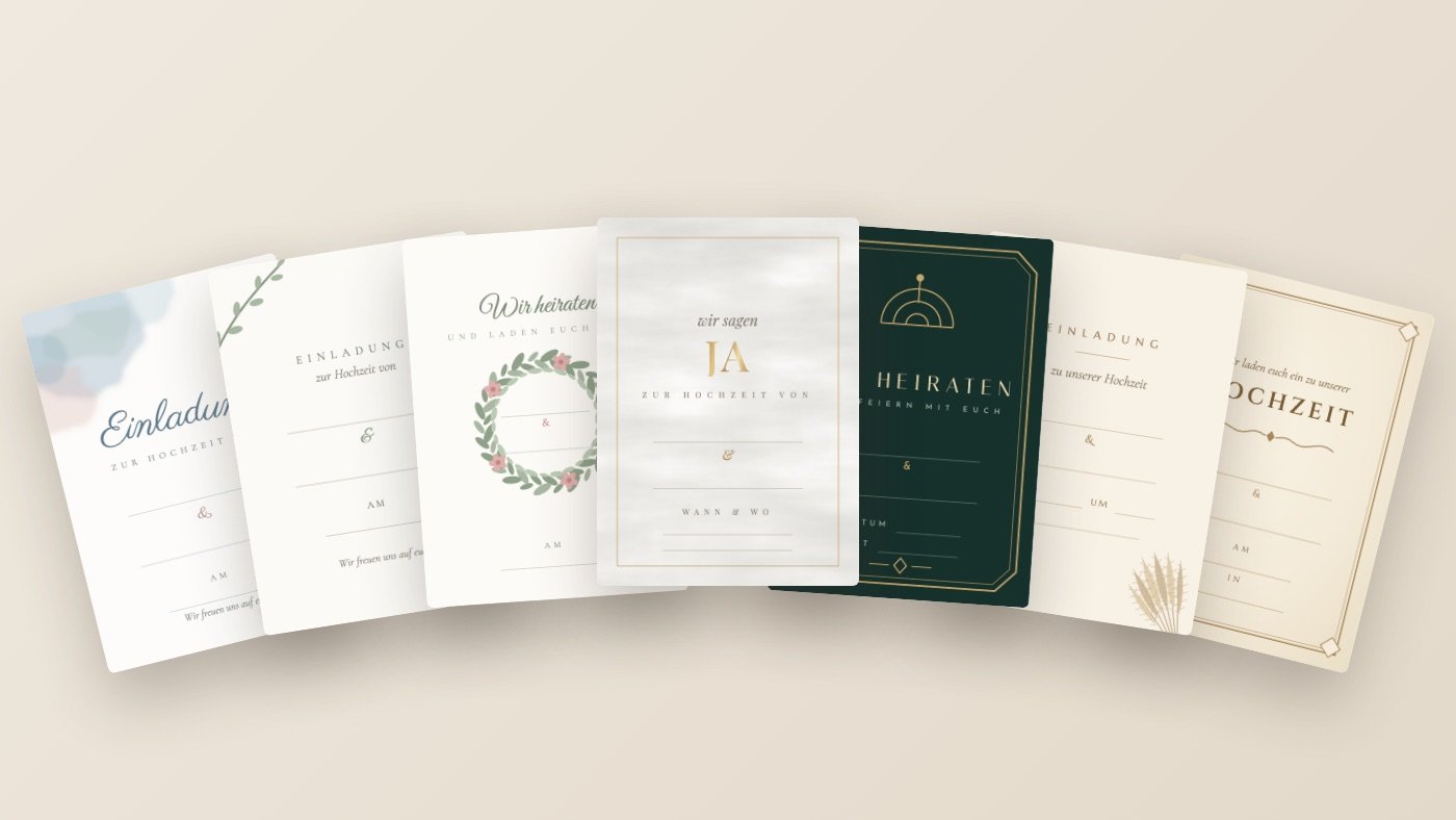 Zwölf kostenlose Einladungskarten-Designs für die Hochzeit, aufgefächert nebeneinander