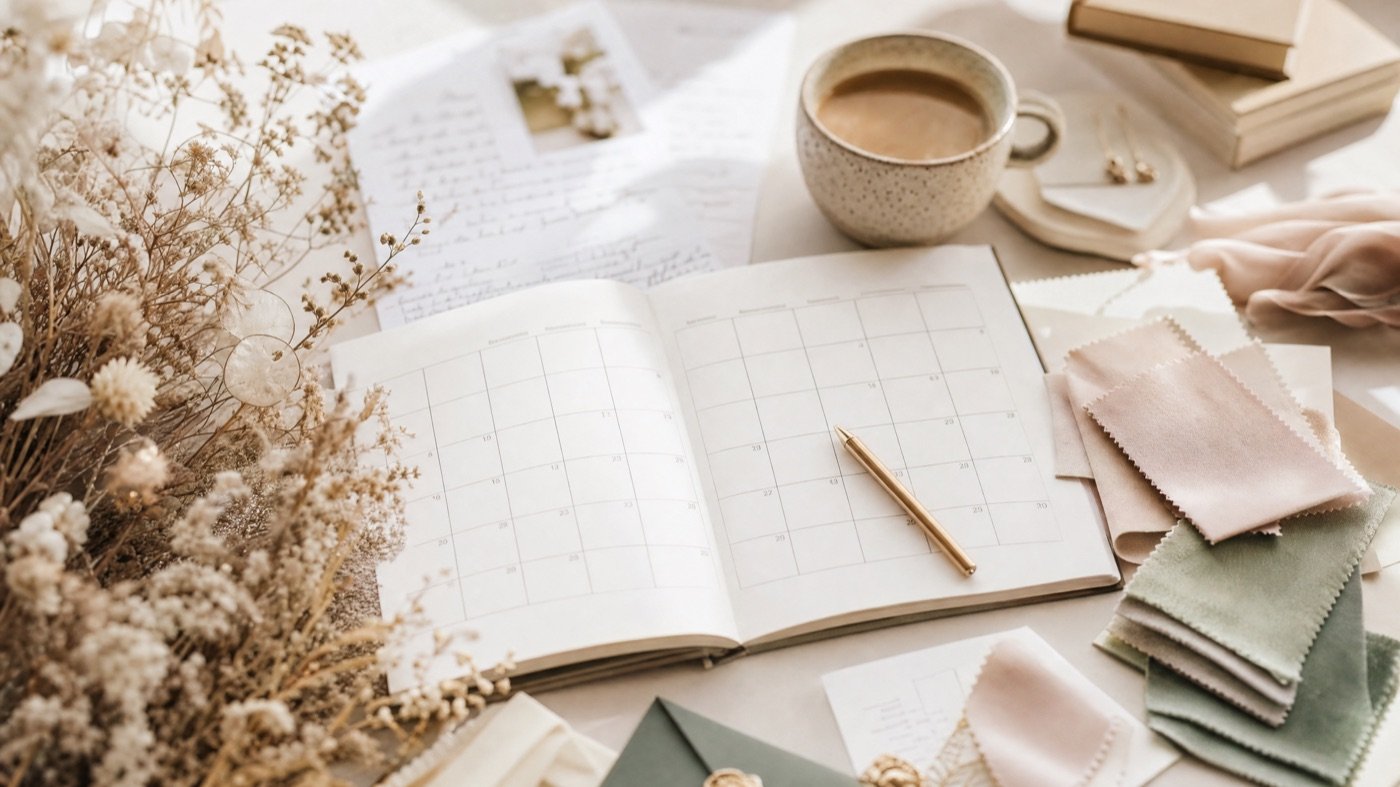 Hochzeitsplanung mit Kalender, Notizen und Farbmustern