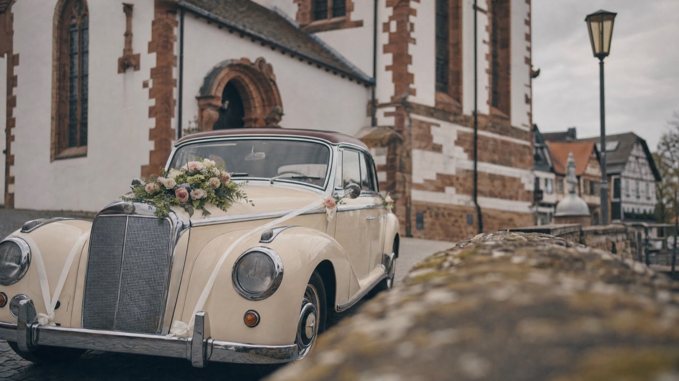 Geschmückter Oldtimer mit Blumengesteck und Bändern vor einer Kirche