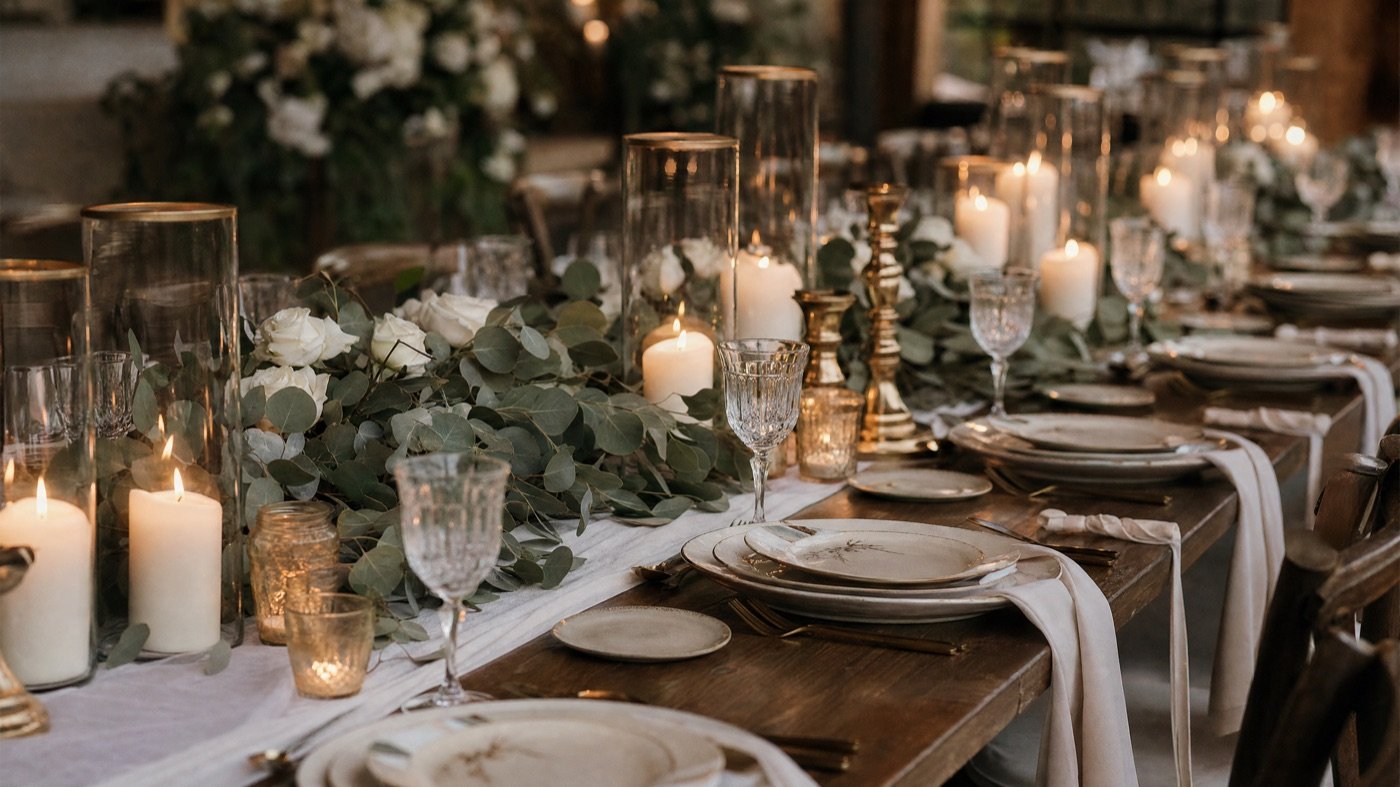 Hochzeitstisch mit Kerzen, Eukalyptus und weißen Blumen
