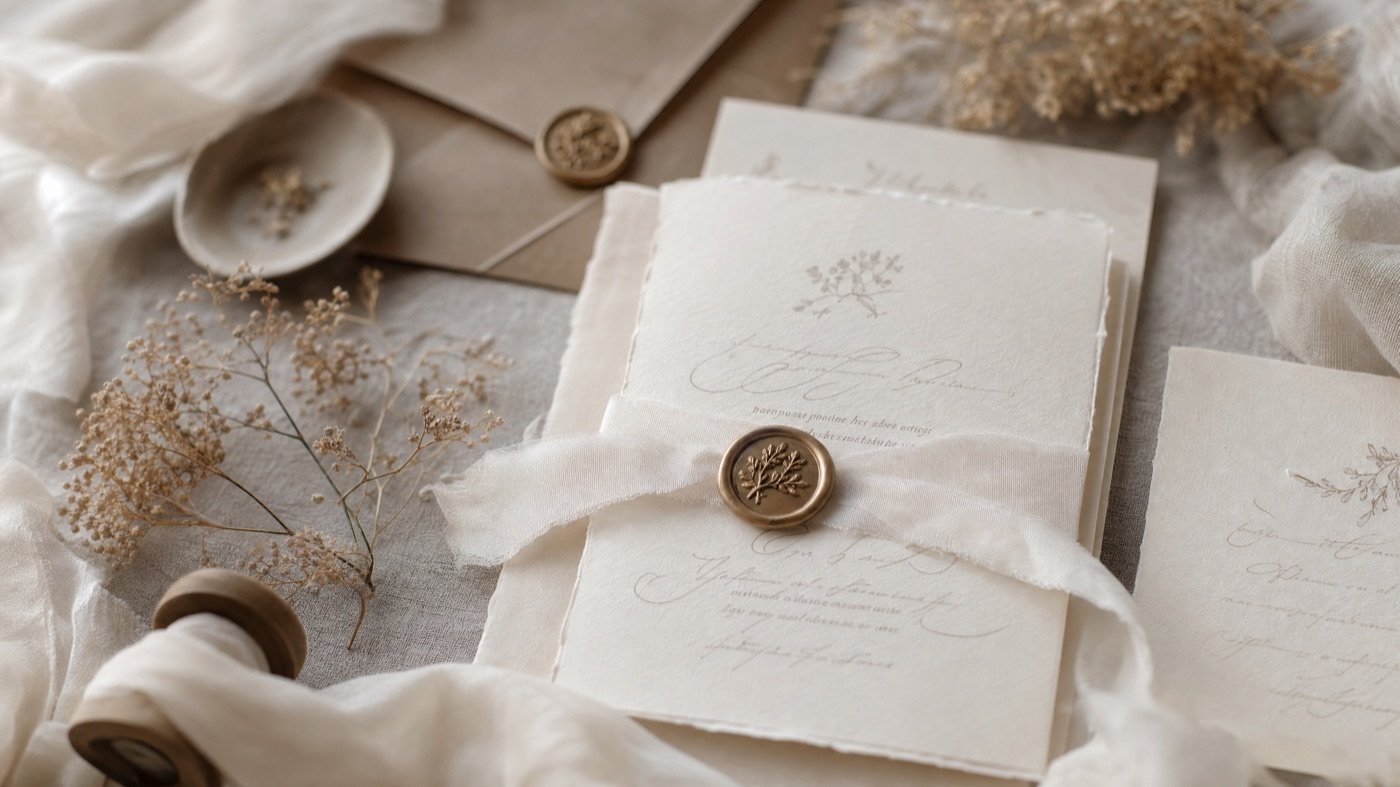 Hochzeitseinladung mit Kalligrafie und Trockenblumen