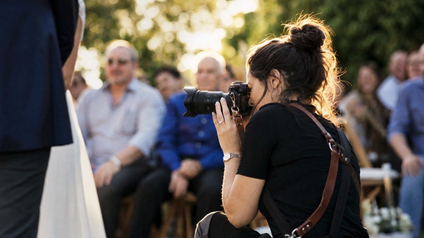 Hochzeitsfotograf mit Kamera während der Trauung im Gegenlicht
