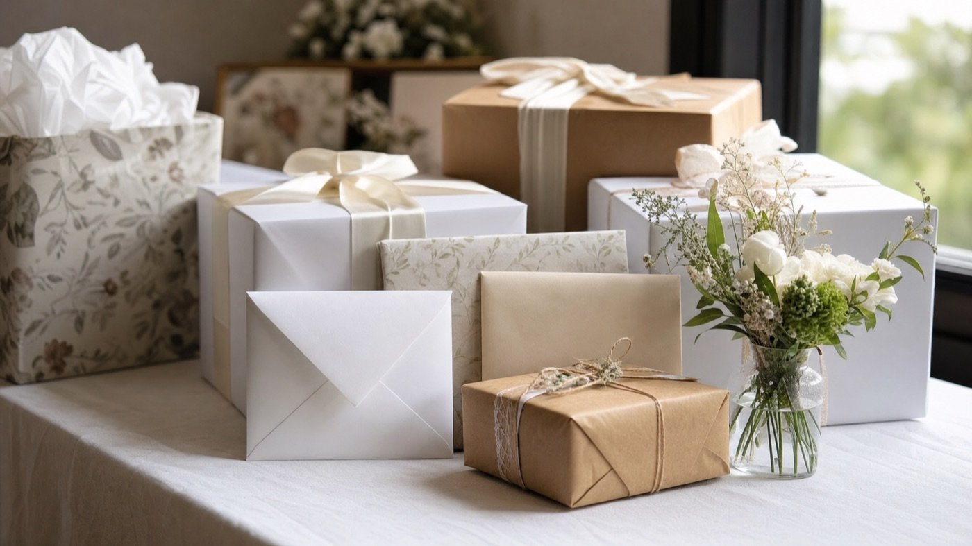 Geschenktisch mit Karten und verpackten Hochzeitsgeschenken