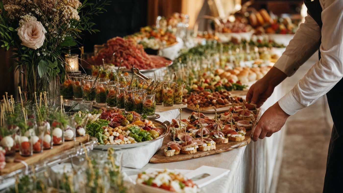 Reich gedecktes Hochzeitsbuffet mit Vorspeisen