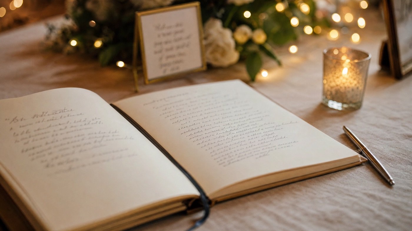 Aufgeschlagenes Gästebuch mit handschriftlichem Hochzeitsspruch
