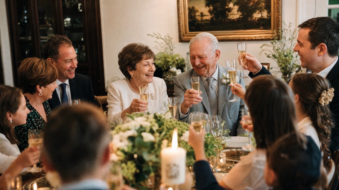 Älteres Ehepaar feiert Hochzeitsjubiläum mit Familie