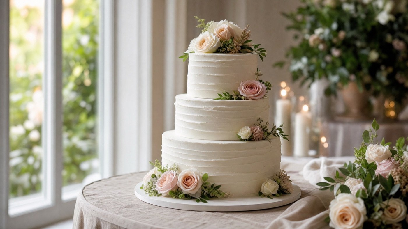 Dreistöckige weiße Hochzeitstorte mit frischen Blumen auf einem Tisch