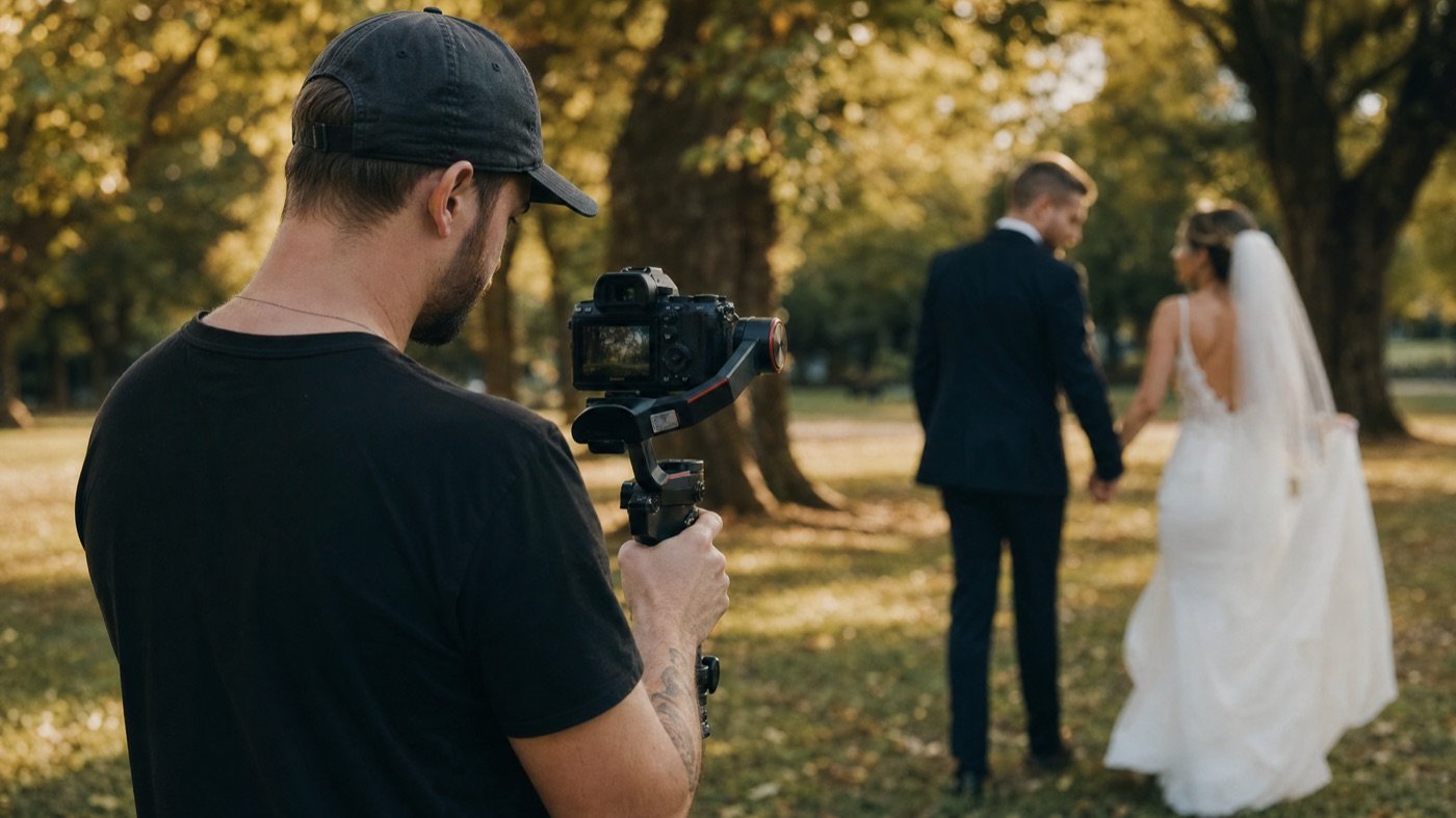 Videograf filmt ein Brautpaar mit einer Kamera auf einem Gimbal