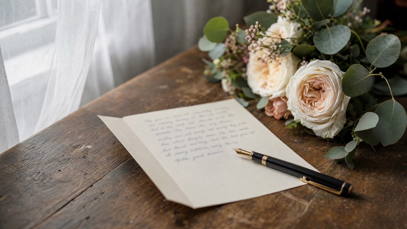 Handgeschriebene Glückwunschkarte zur Hochzeit mit Blumen