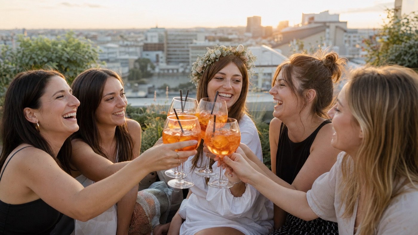 Gruppe von Freundinnen stößt bei einem Junggesellinnenabschied im Freien an
