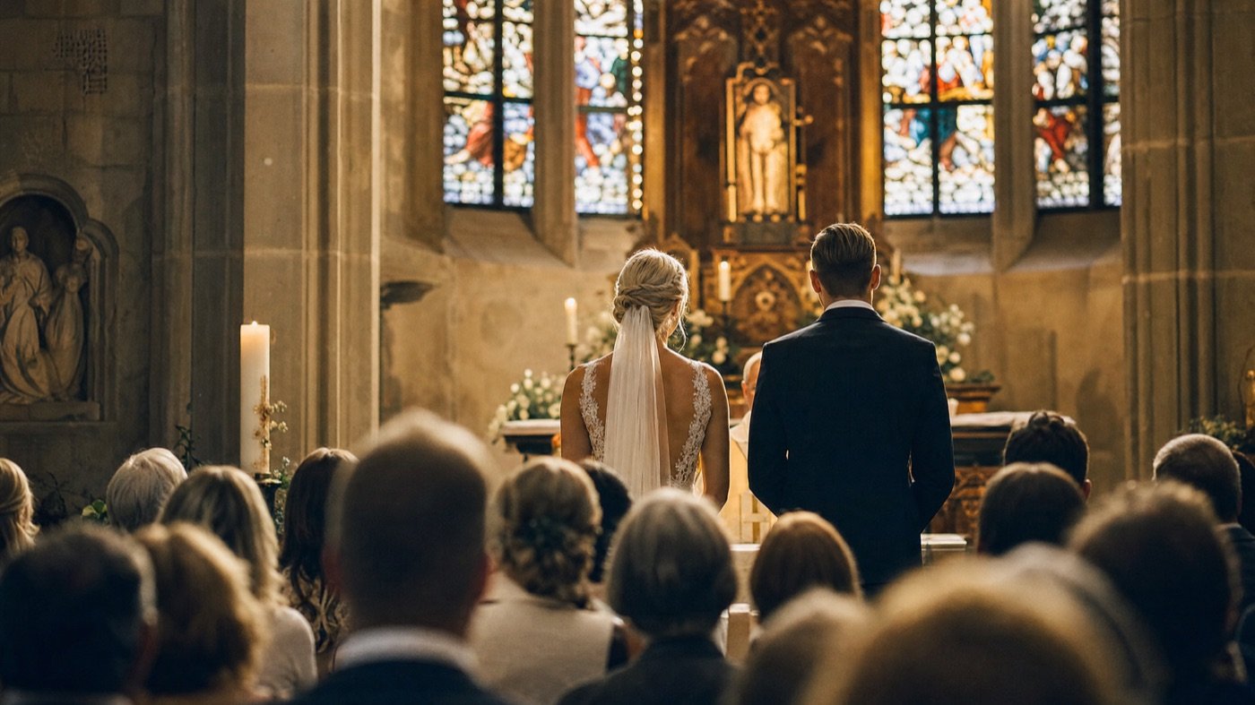 Brautpaar vor dem Altar einer Kirche während der Trauung