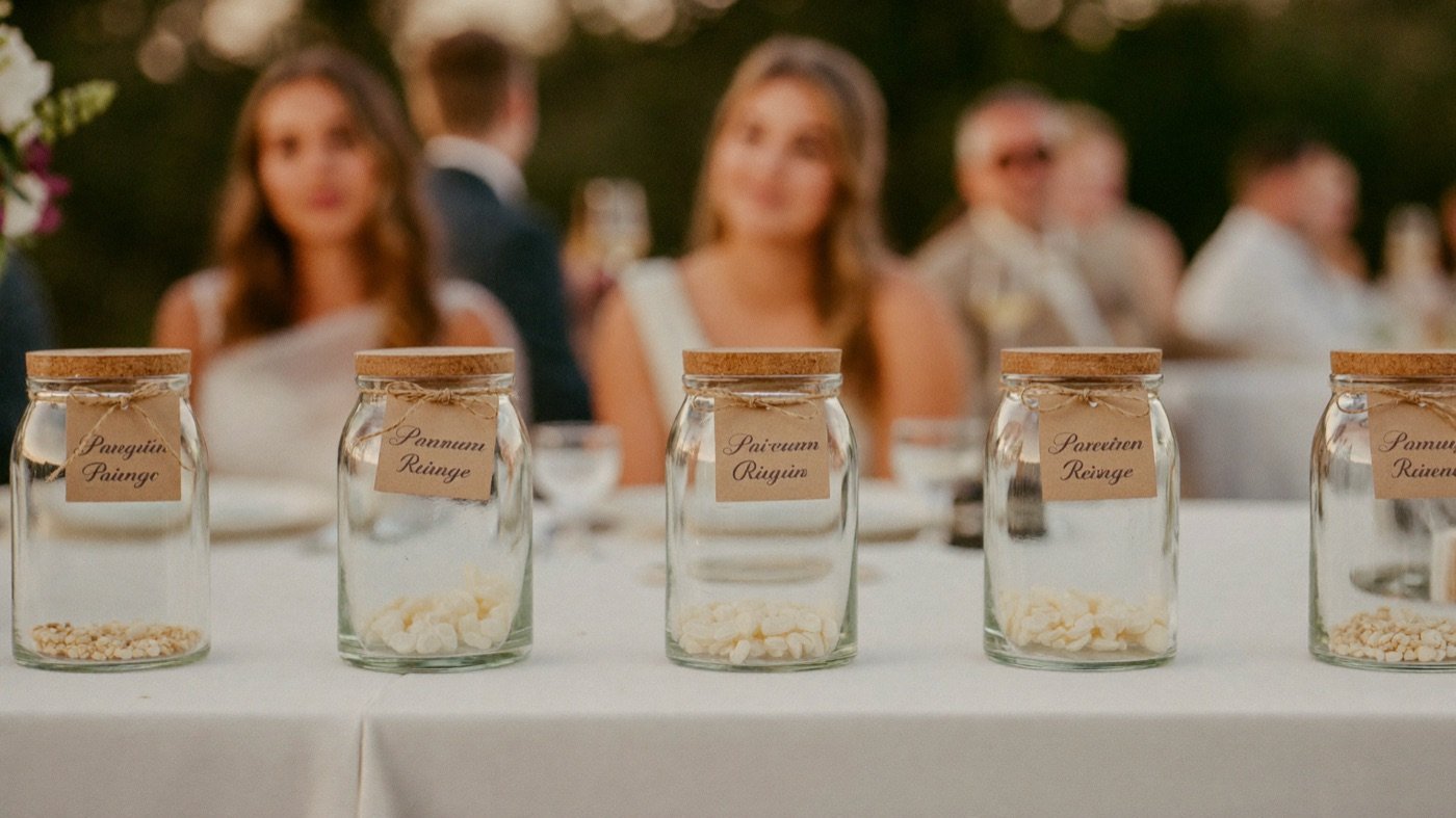 Gastgeschenke im Glas mit Anhängern auf der Hochzeitstafel
