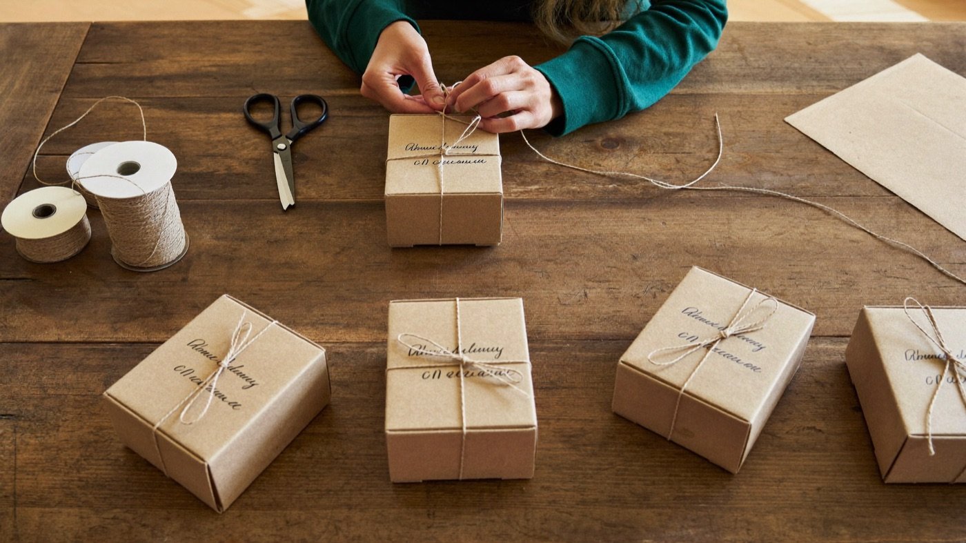 Gastgeschenke werden mit Kordel verpackt