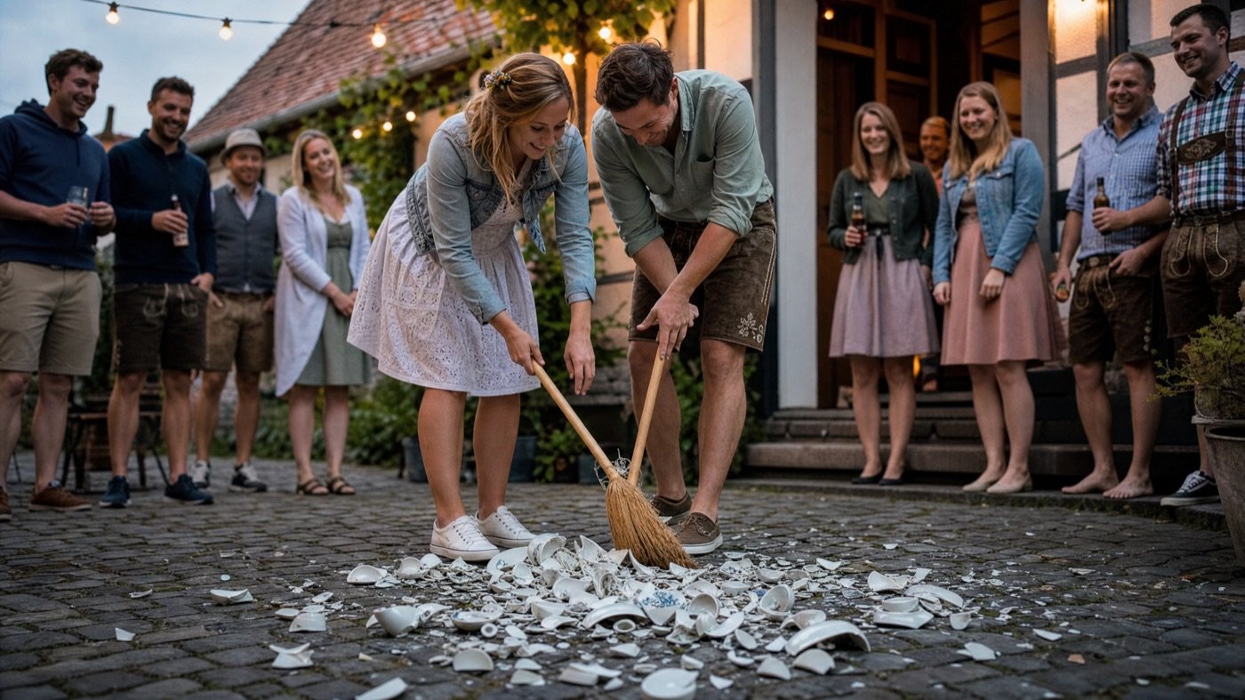 Zerbrochenes Porzellan vor einem Haus beim Polterabend