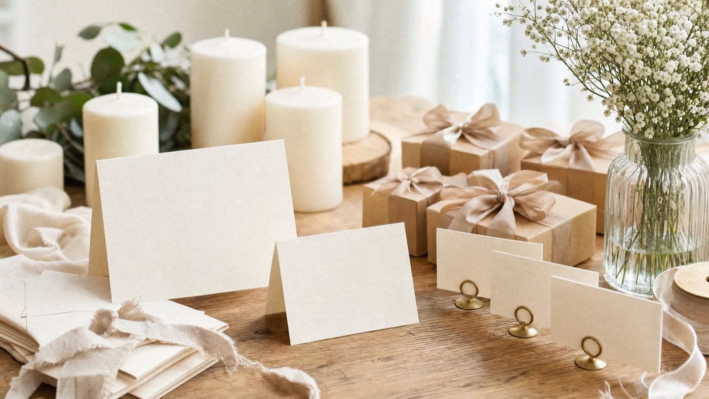 Hochzeitsartikel auf einem Tisch – Karten, Kerzen, Gastgeschenke
