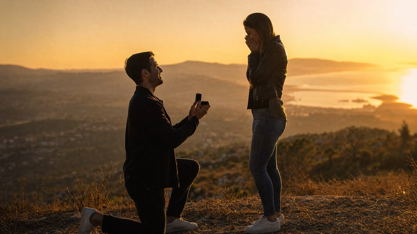 Heiratsantrag bei Sonnenuntergang mit Ring