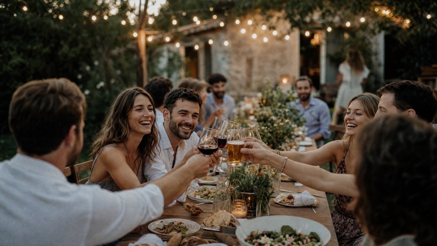 Freunde stoßen bei einer Feier vor der Hochzeit an
