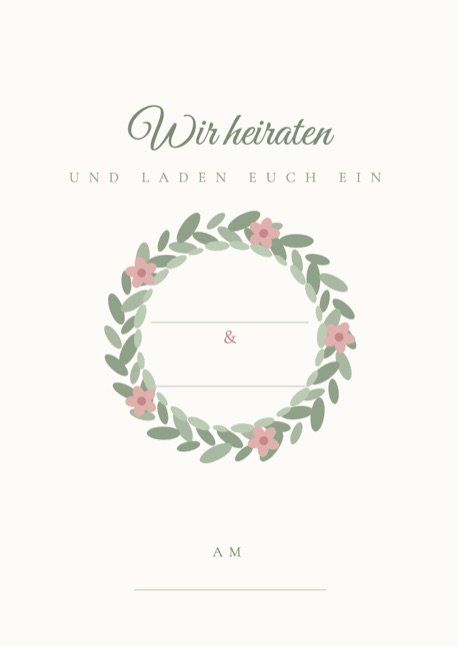 Kostenlose Einladungskarte mit rundem Blumenkranz in Salbeigrün und Altrosa